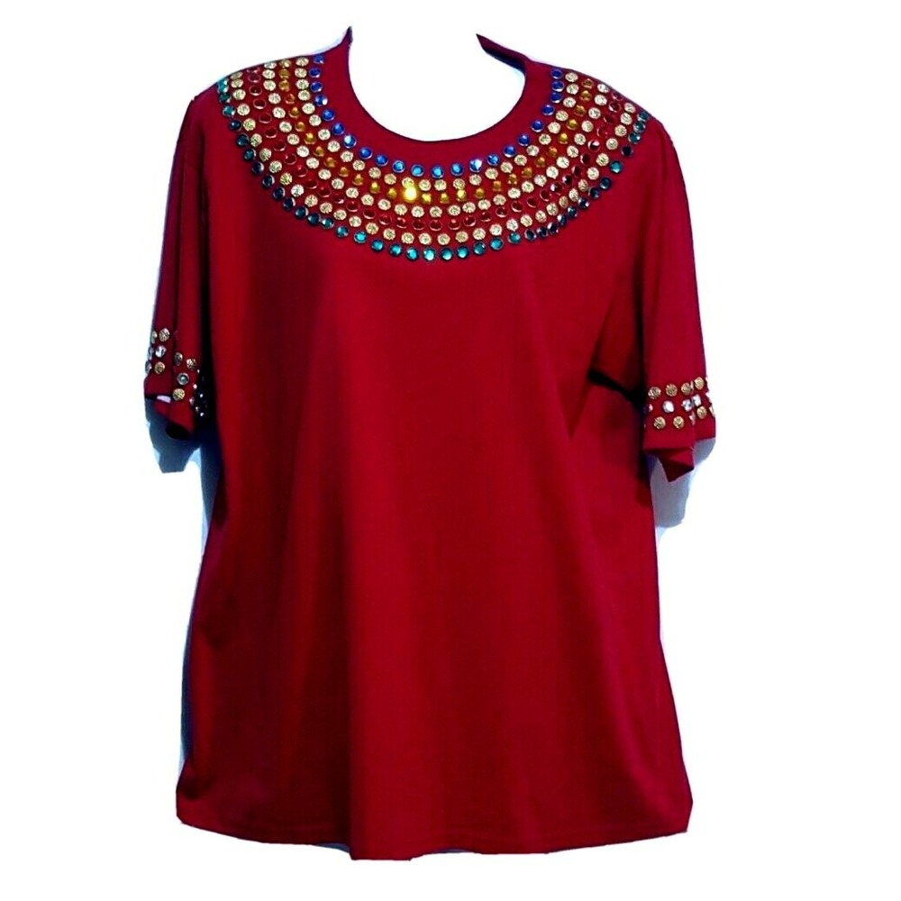 Collectables Top Women Red Jeweled Neckline Studded Short Sleeve Festive Tee